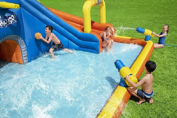 מתקן קפיצה מתנפח עם מים | 53377 | פארק מים מסלול מירוצים | Bestway|מגלשה+קיר טיפוס+שיכשוכית